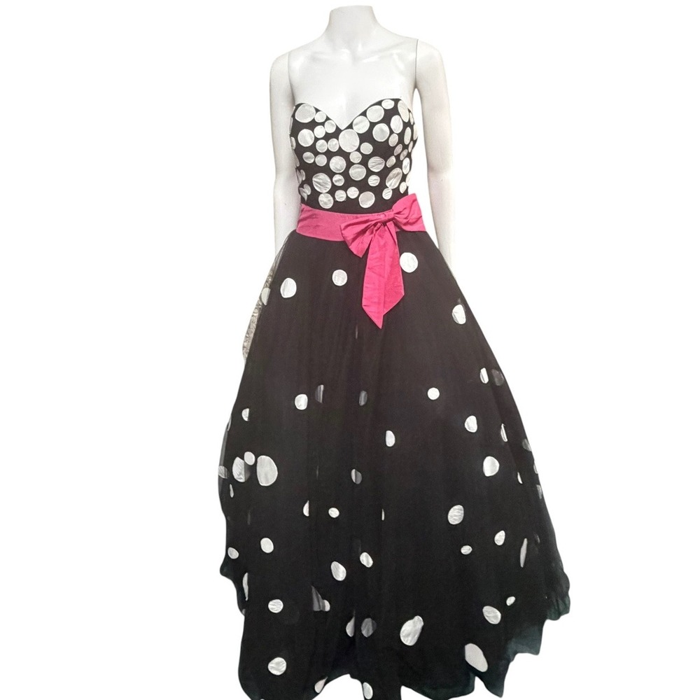 Jovani Black White Polka Dot Tulle Ball Gown Pink Sash Strapless Prom Dress 4 - Picture 4 of 7